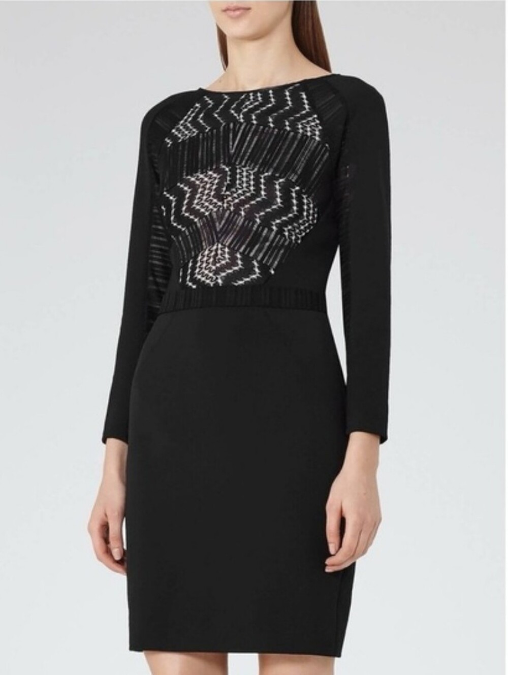 REISS Black Long-Sleeve Lace Overlay Sheath Dress - Picture 4 of 5